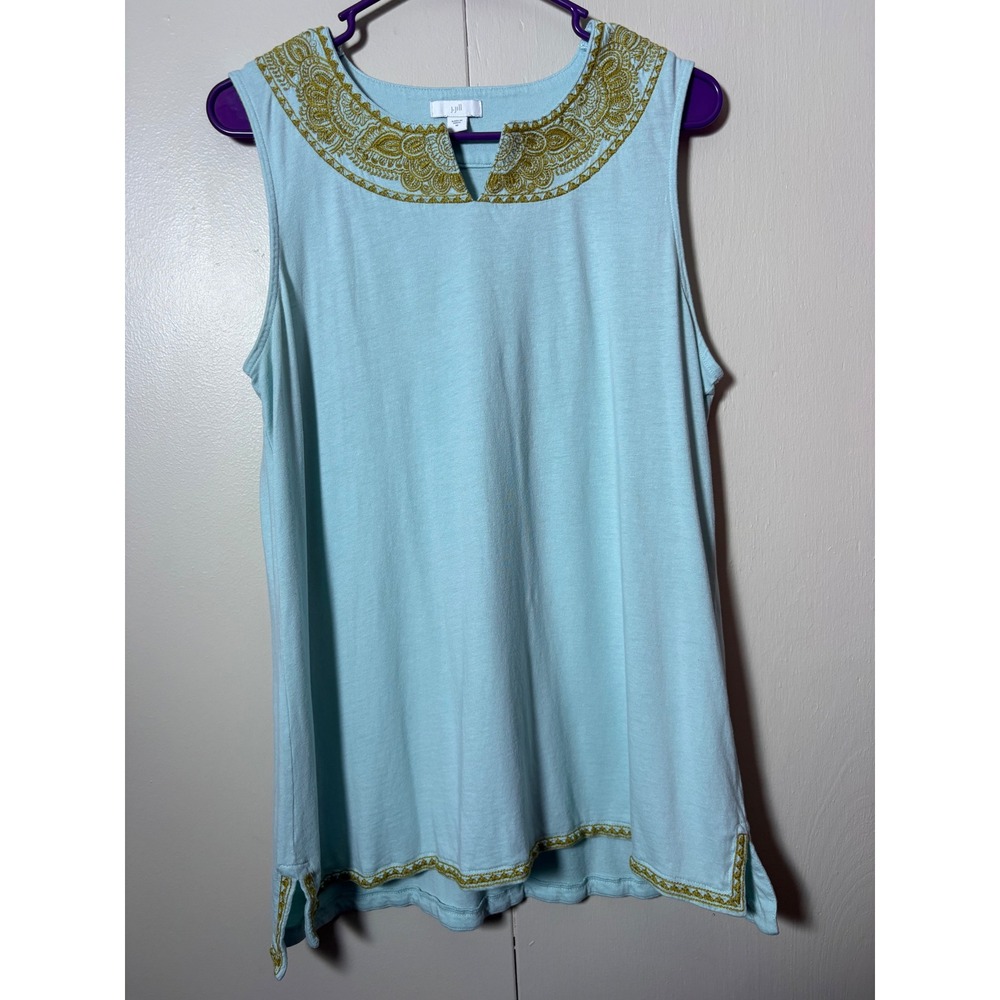 J. Jill Womens Blue Embroidered Split Neck Sleeveless Tunic Tank Top M Coastal